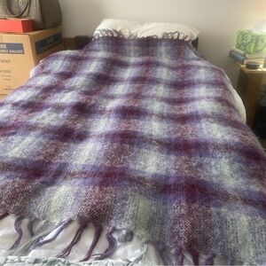 Luxurious Purple and White Plaid Throw Blanket 70%Mohair / 30%Wool
